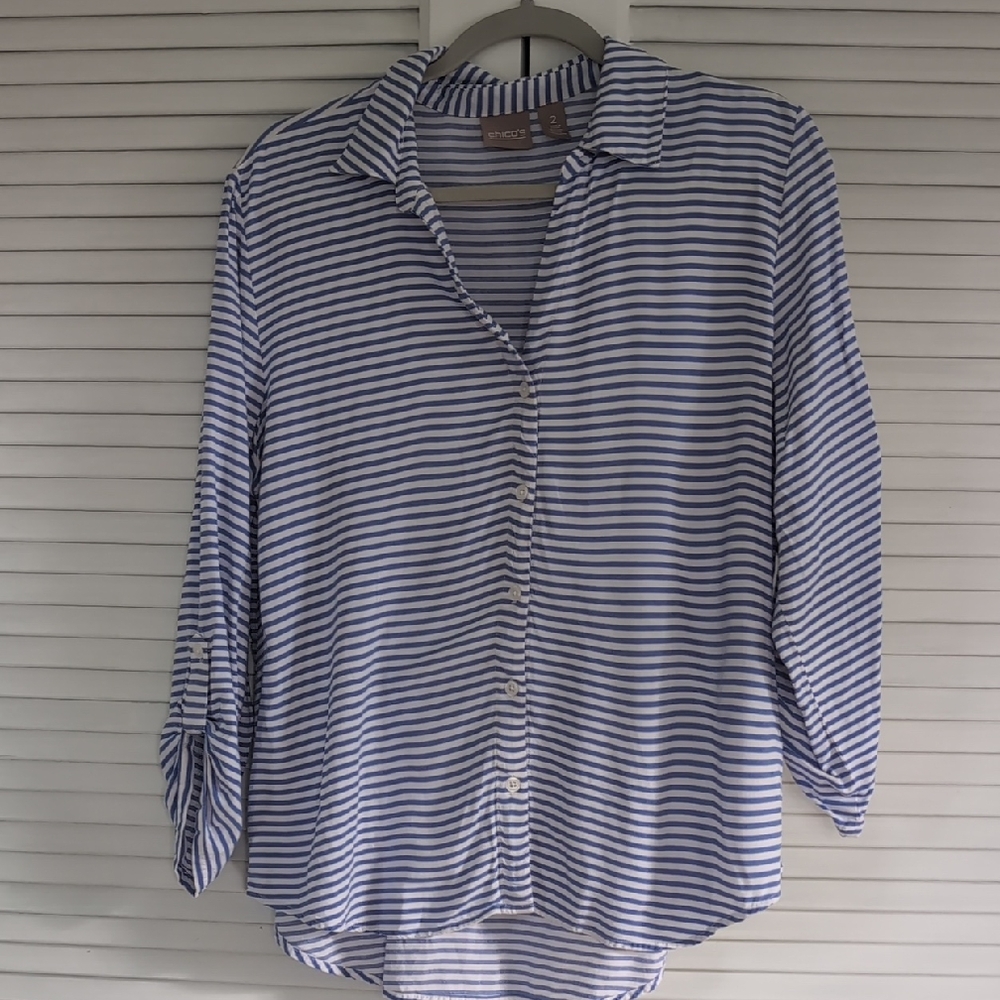 Chico's White and Blue Cuffed Sleeve Button Down Shirt